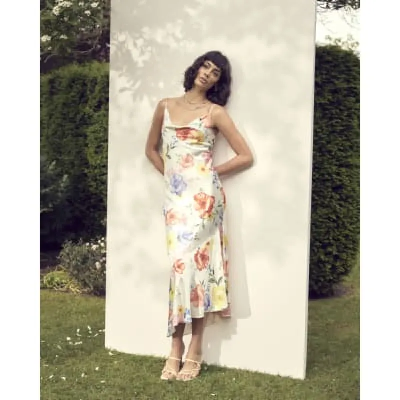 White Floral Asymmetric Hem Slip midi Dress sold by River Island