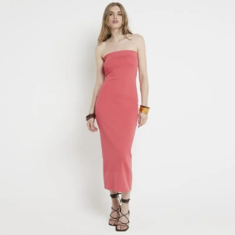 Pink knit Bandeau Bodycon Midi dress sold by River Island
