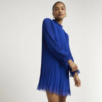 Blue plisse lace hem shift mini dress sold by River Island