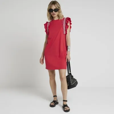 Red Frill Trim Shift Mini Dress sold by River Island