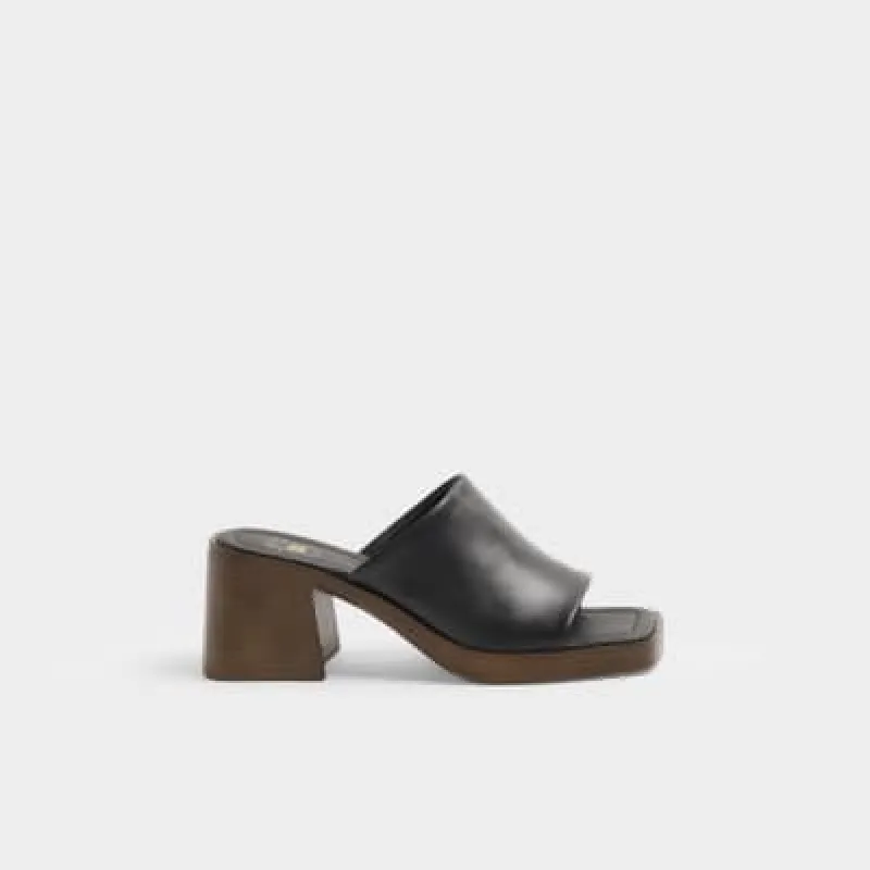 Black Leather Heeled Mule Sandals sold by River Island