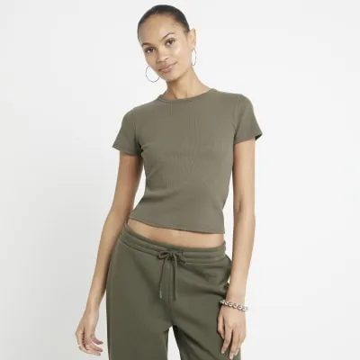 Khaki ribbed cropped t-shirt sold by River Island
