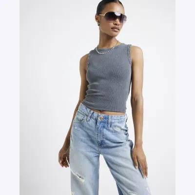 Grey ribbed eyelet tank top sold by River Island
