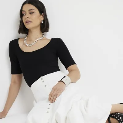 Black Ribbed Scoop Neck Bodysuit sold by River Island