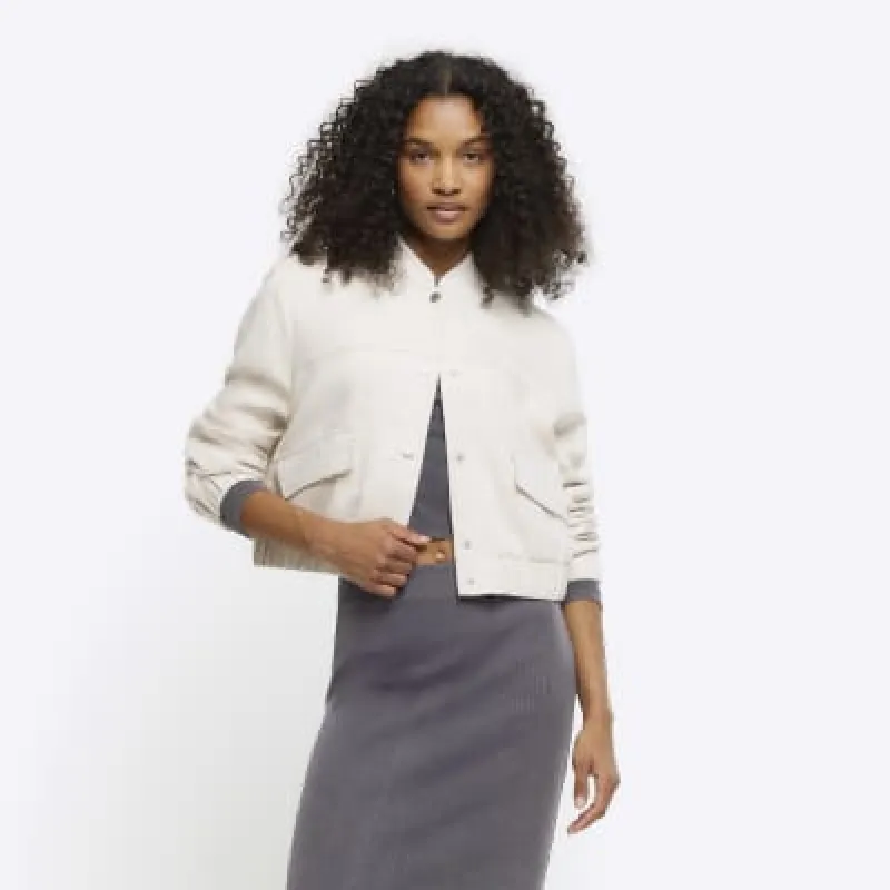 Beige linen blend tailored bomber jacket sold by River Island