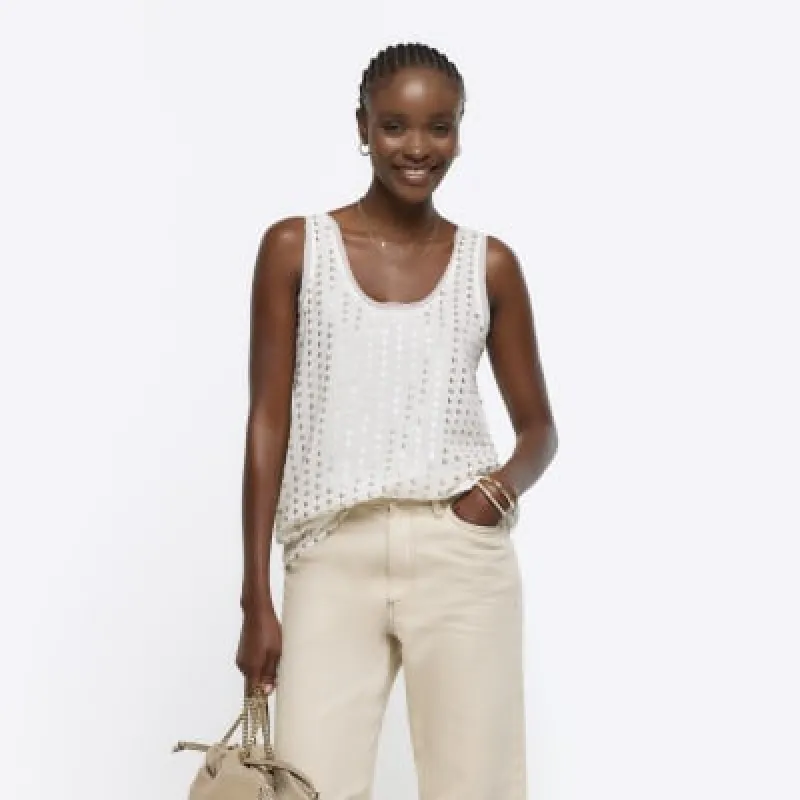 Cream Sequin Scoop Neck Tank Top sold by River Island