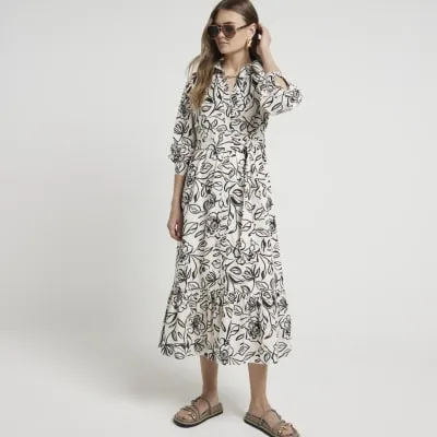 White floral belted midi shirt dress sold by River Island