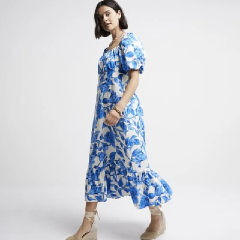 Blue floral puff sleeve swing midi dress sold by River Island