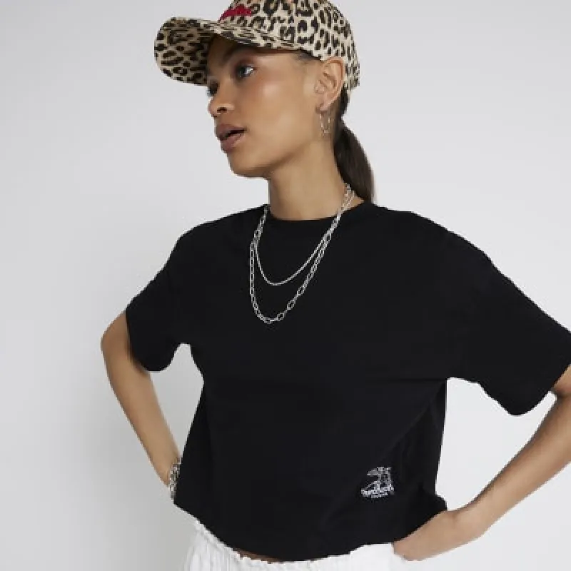 Black embroidered cropped t-shirt sold by River Island