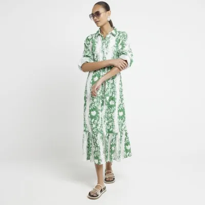 Green floral belted midi shirt dress sold by River Island