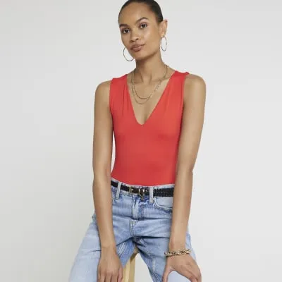 Red V Neck Bodysuit sold by River Island