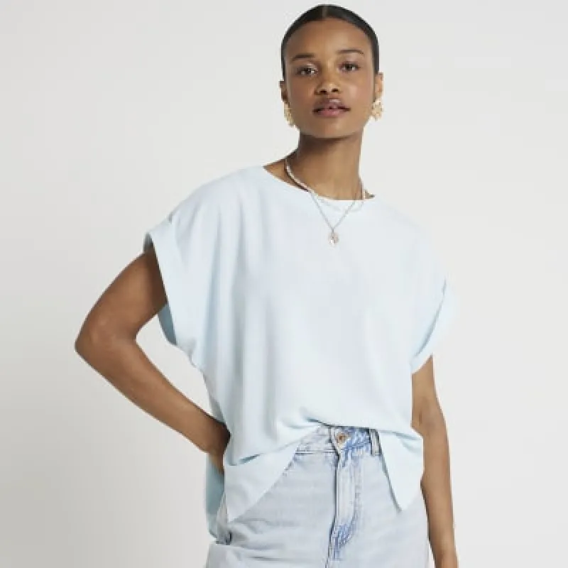 Blue crepe turned cuff t-shirt sold by River Island
