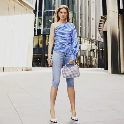 Blue stripe one shoulder top sold by River Island