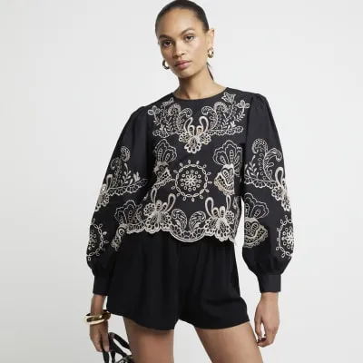 Black Floral Broderie Blouse sold by River Island