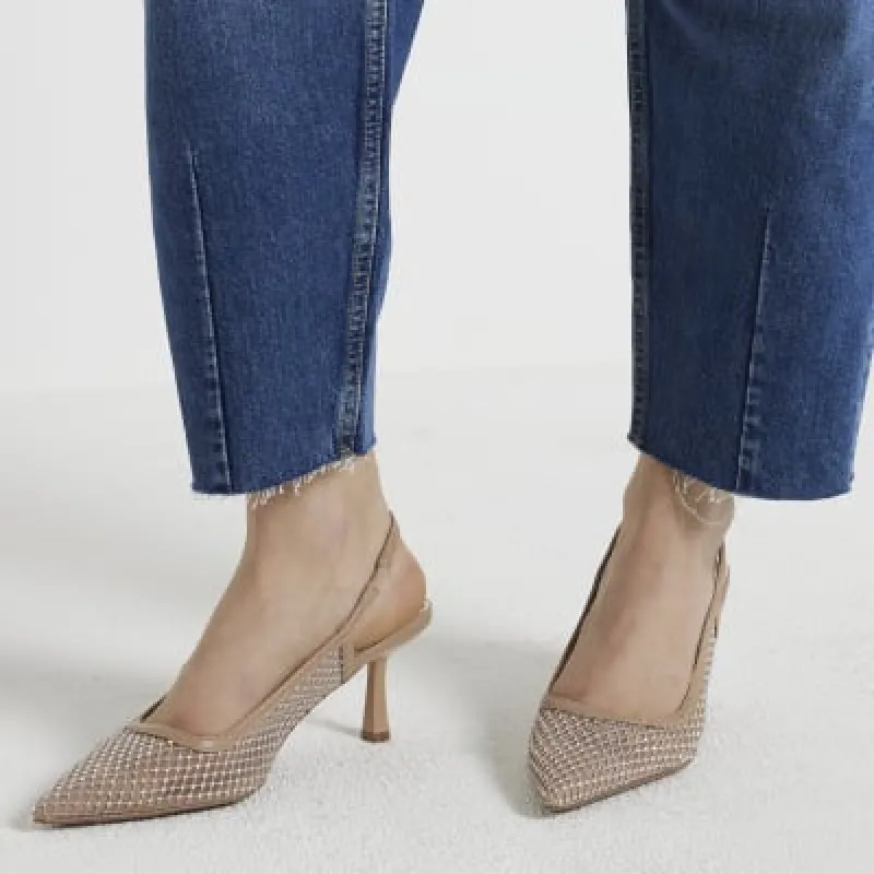 Beige wide fit Diamante Heeled Court Shoes sold by River Island