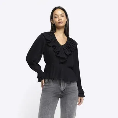 Black plisse frill blouse sold by River Island