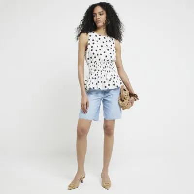 Cream Linen Blend Spot Shirred Peplum Top sold by River Island