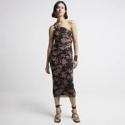 Brown One Shoulder mesh Midi Dress sold by River Island