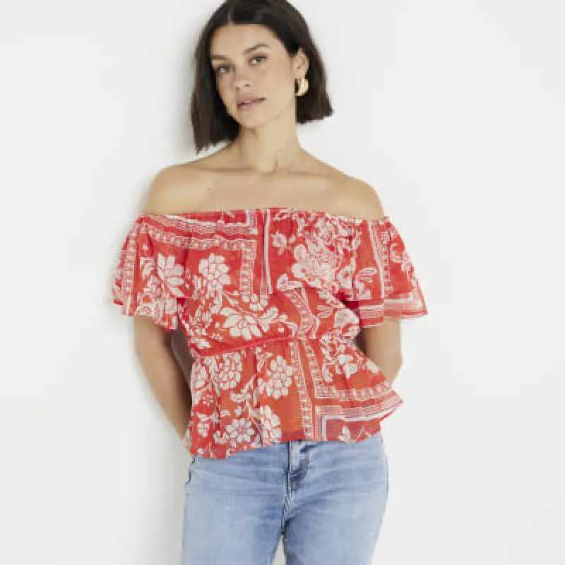 Red floral frill bardot top sold by River Island