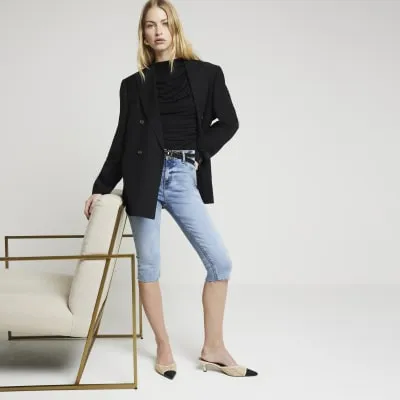 Black Ruched High Neck Top sold by River Island