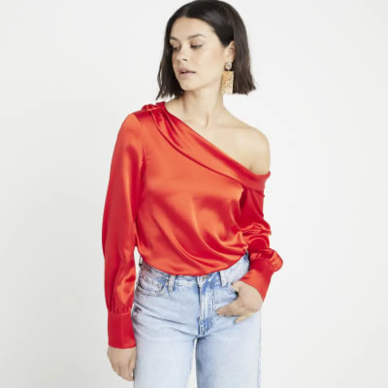 Red Satin Off Shoulder Blouse sold by River Island