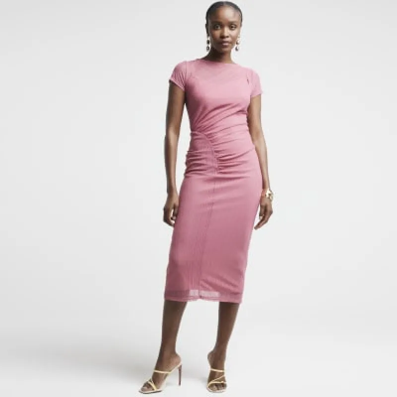 Pink mesh stripe bodycon midi dress sold by River Island