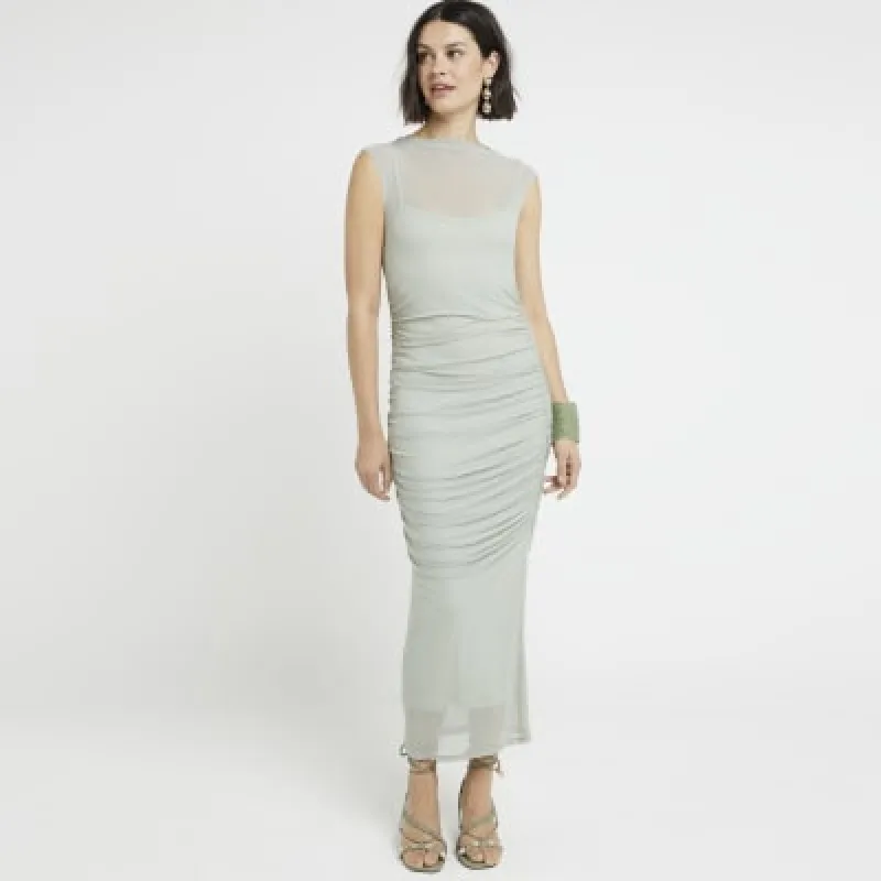 Green Mesh Ruched Bodycon Midi Dress sold by River Island