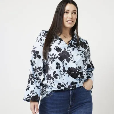 Plus blue satin floral wrap shirt sold by River Island