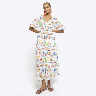 Beige graphic puff sleeve swing midi dress sold by River Island