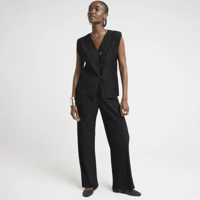 Black Plisse Wide Leg Trousers sold by River Island