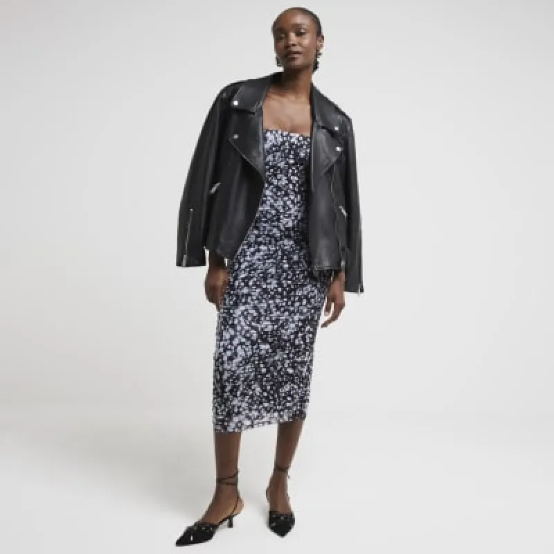 Black mesh ruched bandeau midi dress sold by River Island