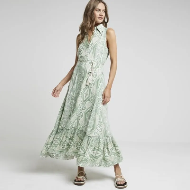 Green belted sleeveless midi shirt dress sold by River Island