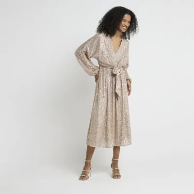 Rose gold sequin tie front swing midi dress sold by River Island