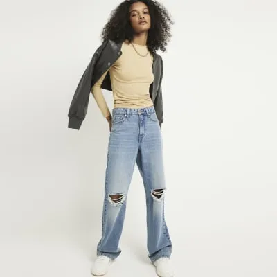 Beige Fitted Rib Long sleeve top sold by River Island