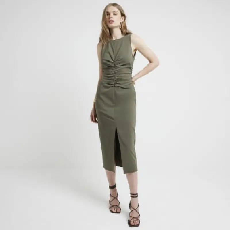 Khaki ruched detail midi dress sold by River Island