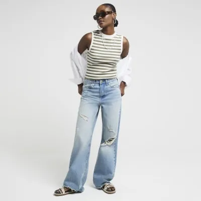 Khaki ribbed stripe tank top sold by River Island