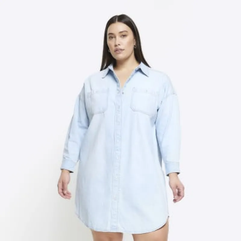 Plus blue denim oversized mini shirt dress sold by River Island