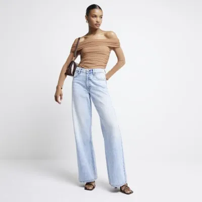 Brown mesh ruched bardot top sold by River Island