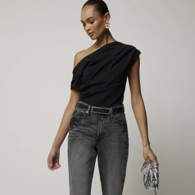 Black off shoulder drape top sold by River Island
