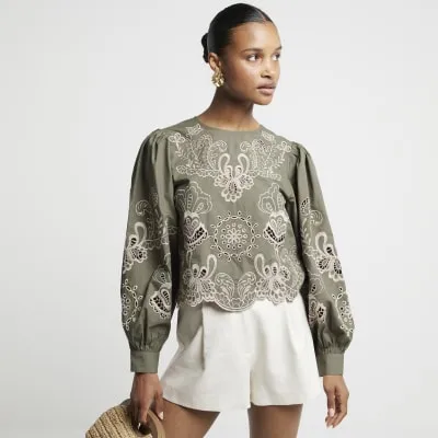 Khaki Floral Broderie Blouse sold by River Island