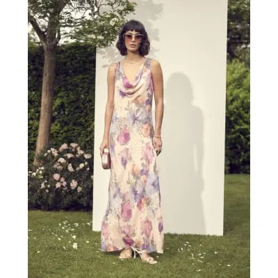 Pink floral cowl neck slip maxi dress sold by River Island