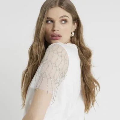 White Beaded Sleeve T-shirt sold by River Island