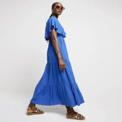 Blue frill sleeve smock maxi dress sold by River Island