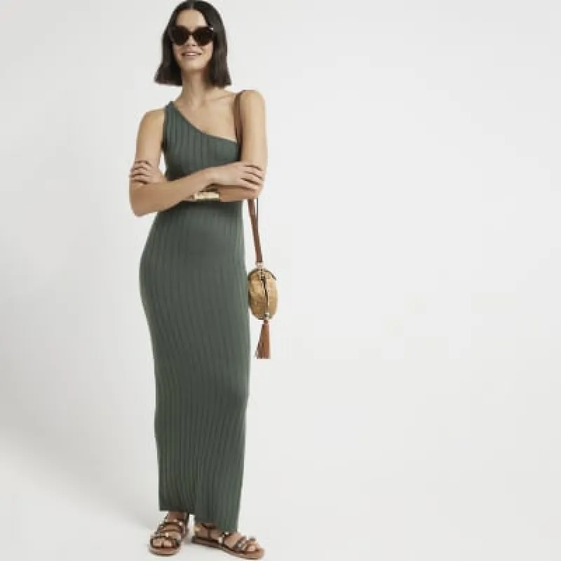 Khaki knit one shoulder bodycon maxi dress sold by River Island