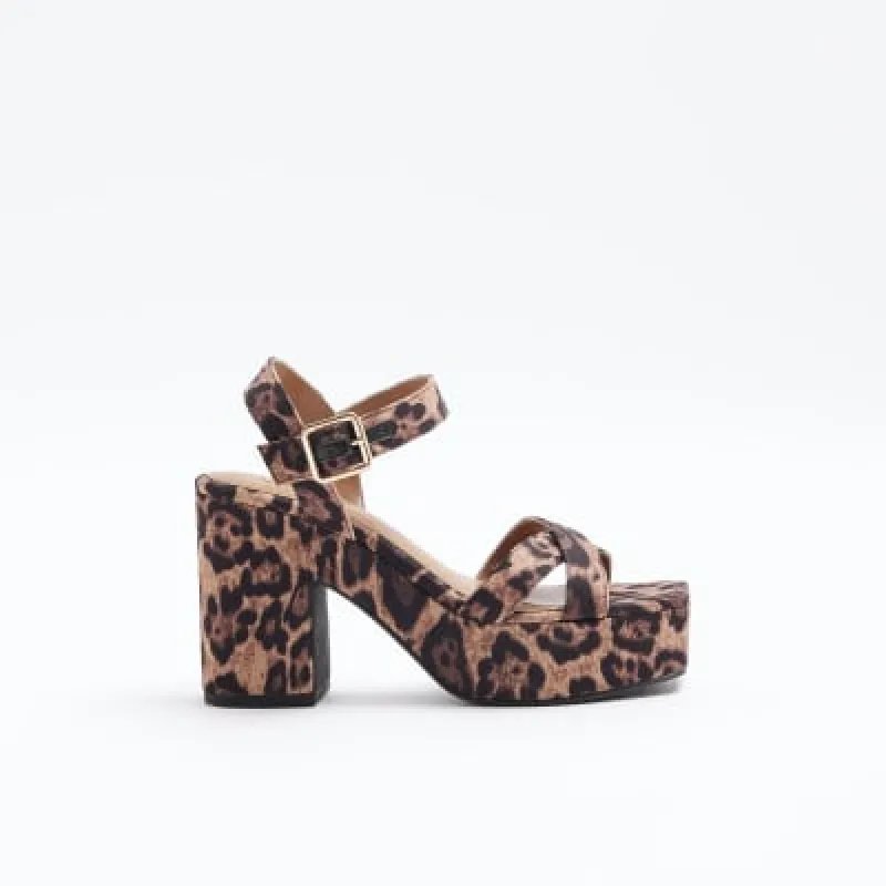 Brown Strap Leopard print Platform Sandals sold by River Island