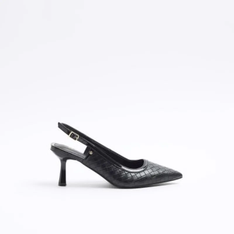 Black weave heeled court shoes sold by River Island