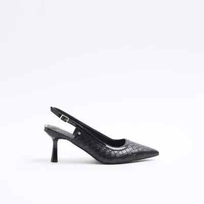 Black weave heeled court shoes sold by River Island