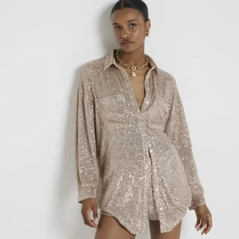 Rose gold sequin oversized long sleeve shirt sold by River Island
