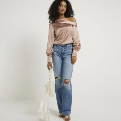 Brown satin off shoulder blouse sold by River Island