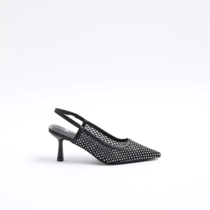 Black diamante mesh heeled court shoes sold by River Island